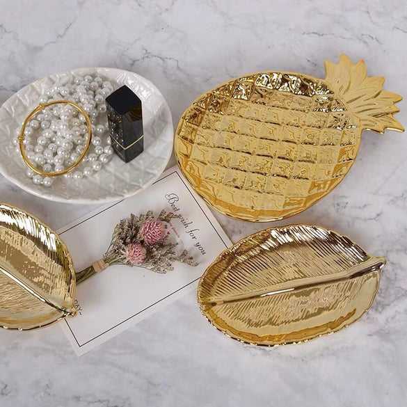 Decorative Gold Leaf Ceramic Plate Dish Porcelain Candy Trinket Dish Jewelry Fruit Serving Tray Storage Plate Crockery Tableware