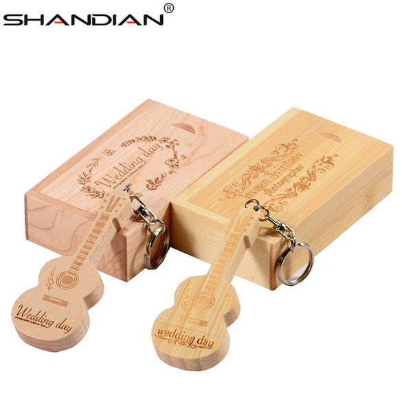 SHANDIAN LOGO customized wooden guitar pen drive usb flash drive memory Stick pendrive 4GB 16GB 32GB 64GB metal keychain gift