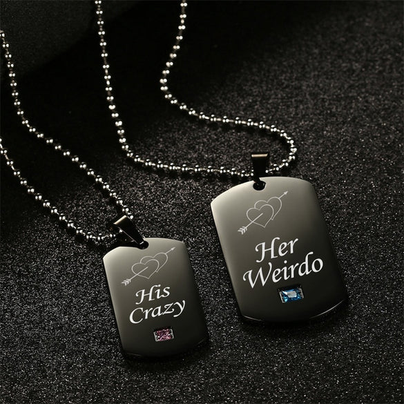 Uloveido Black Necklaces & Pendants Her Weirdo and His Crazy Couple Necklace Pendant Stainless Steel Jewelry Medallion SN139