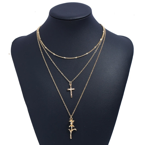 Bohemian Multilayer Rose Cross Pendant Necklace for Women Vintage Gold Color Party Charms Choker Necklace Collar Jewelry Gift (F7305)