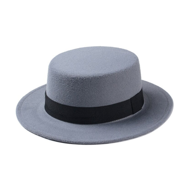Fashion Wool Boater Flat Top Hat For Men's Felt Wide Brim Fedora Hat Gentleman Prok Pie Chapeu de Feltro Bowler Gambler Top Hat