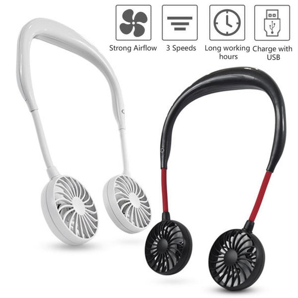 New USB Rechargeable Wearable Portable Hand Free Neckband Fan Personal Mini Neck Double Fans 3 Speed Adjustable for Home Office