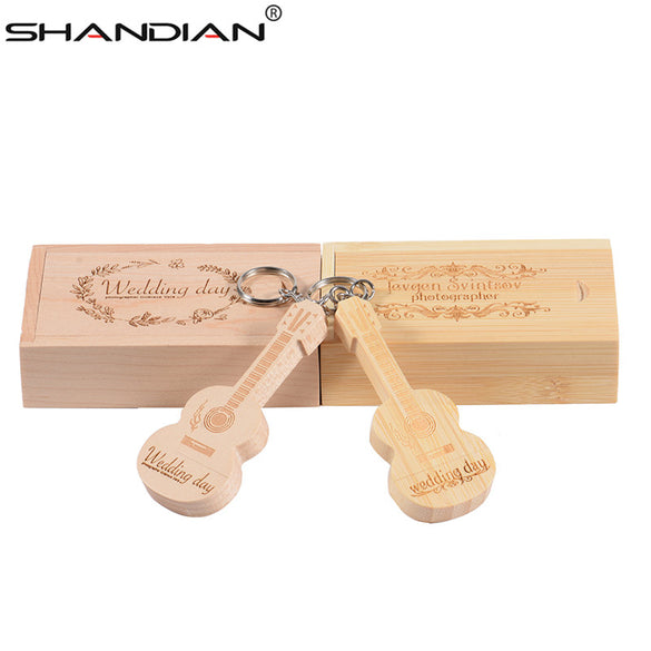 SHANDIAN LOGO customized wooden guitar pen drive usb flash drive memory Stick pendrive 4GB 16GB 32GB 64GB metal keychain gift