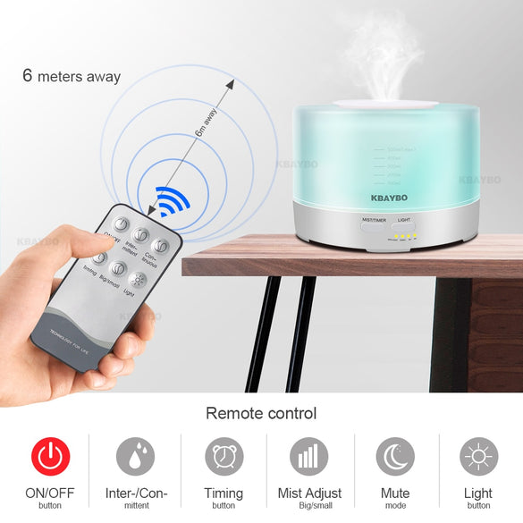KBAYBO Aroma Ultrasonic air Humidifier 500ml Remote Control Essential Oil diffusers LED Light mist maker Aromatherapy purifier