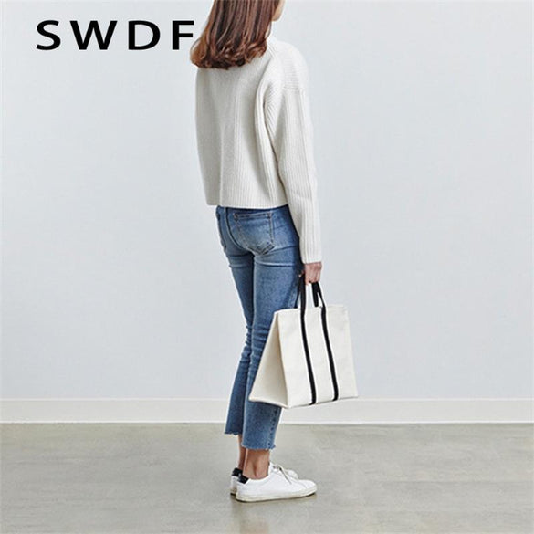 SWDF Women Handbags 2020 New Simple Female Canvas Reusable Shopping Bag Tote Bag Casual Clutch Bags For Women