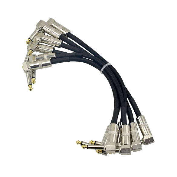 6 X Guitar Patch Pedal Cable 15/21/30cm/40cm 0.5ft Long with 1/4 Inch 6.35mm Gold Right Angle Plug  Black Woven Jacket