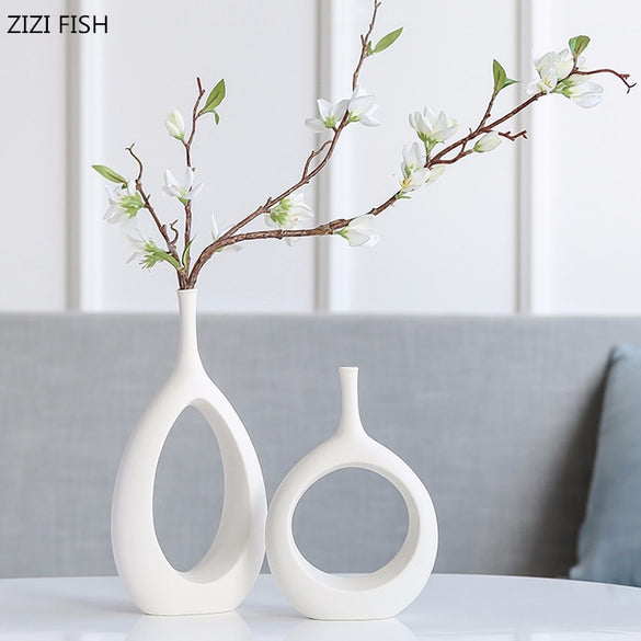 Nordic simple ceramic stem flower vases Hollow vase Floral ornaments Home living room countertop decoration flower insert