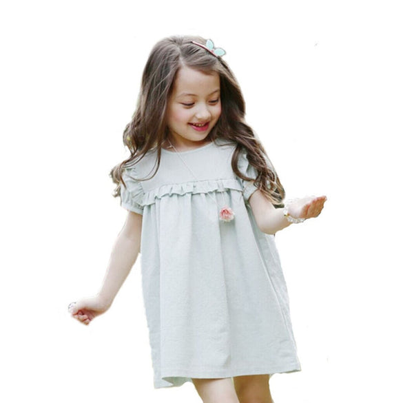 2019 New Summer Kids Clothing Baby Girls Puff Sleeve Dress Solid Green Quality Cotton Linen Casual Children Ruffles Dress