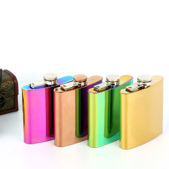 Portable 6oz Hip Flask Gold Plated Gradient Color Rainbow Colored Stainless Steel Flask Screw Cap Whiskey Wine Bottle