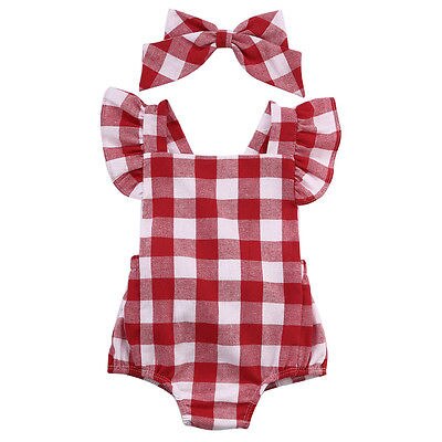 New Fashion British Style Red Plaid Baby Girls Bodysuit Jumpsuit Plaid Back Cross Short Sleeve Baby Girls Clothes Red 0-18M