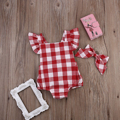 New Fashion British Style Red Plaid Baby Girls Bodysuit Jumpsuit Plaid Back Cross Short Sleeve Baby Girls Clothes Red 0-18M