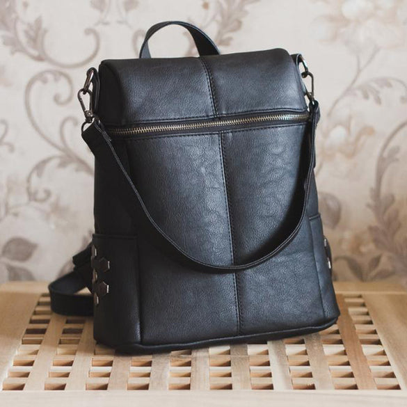 Simple Style Backpack Women Leather Backpacks For Teenage Girls School Bags Fashion Vintage Solid Black Shoulder Bag Youth XA568