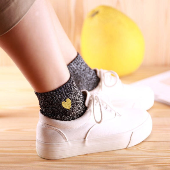 [COSPLACOOL]Embroidery Heart Love Glitter Socks Women Fashionable Silver Gold Silk Colorful Shining Sox Shiny Calcetines Mujer