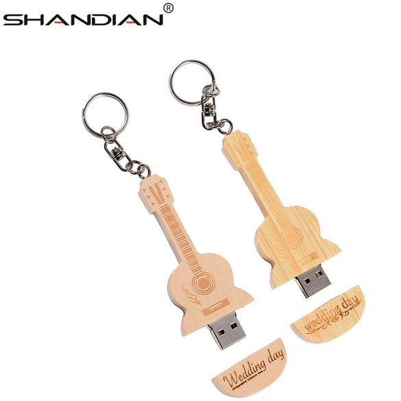 SHANDIAN LOGO customized wooden guitar pen drive usb flash drive memory Stick pendrive 4GB 16GB 32GB 64GB metal keychain gift