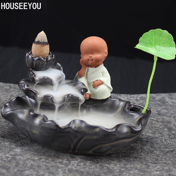 Little Monk Backflow Incense Burner Home Decoration Creative Ceramic Cone Waterfall Incense Holder Buddhist Censer + 10pcs Cones