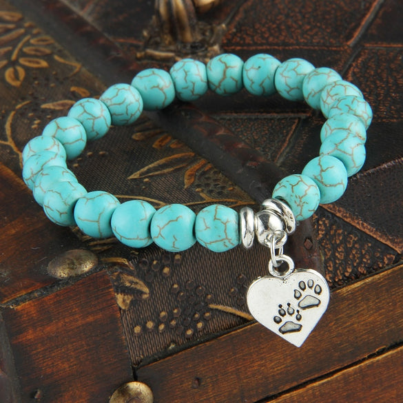 Bespmosp New Vintage Heart Dog Cat Animal Feet Footprint Blue Bead Pendant Bracelet Women Girl Statement Jewelry Gift