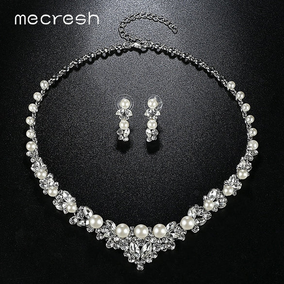 Mecresh Elegant Simulated Pearl Bridal Jewelry Sets  Leaf Crystal Necklaces Earrings Sets Wedding Jewelry TL280
