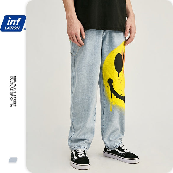 INFLATION Men's Stretch Loose Fit Jeans Men's Denim Pants Streetwear Blue Men's Jeans Pants With Smile Face 3091S20