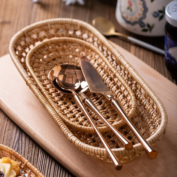 Rattan Bread Storage Tray Dinner Coffee Breakfast Serving Tray Oval Hand-Woven Tea Tray Home Decoration Crafts