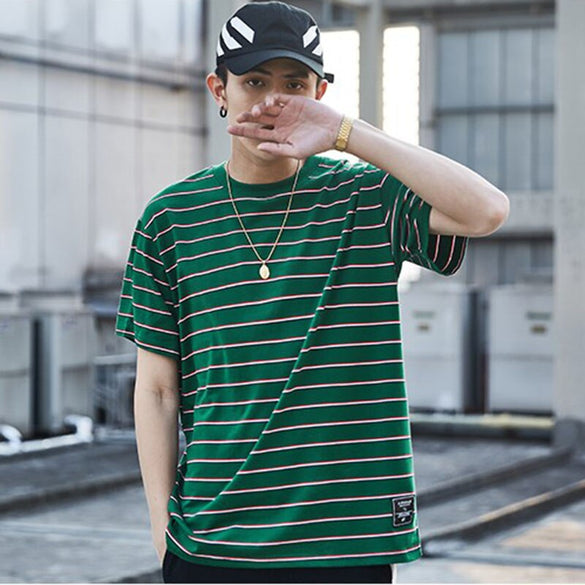 Harajuku Stripe T Shirt 2020 Men Casual T-Shirt Short Sleeve Summer Hip Hop Tshirt Streetwear Casual Tops Tees Black White Green