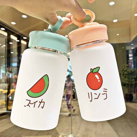 New Kawaii Fruit Frosted Glass Water Bottle  Portable Cute Girl Students Kids  Sports Bottles Creative Mobile Phone Bracket Cup