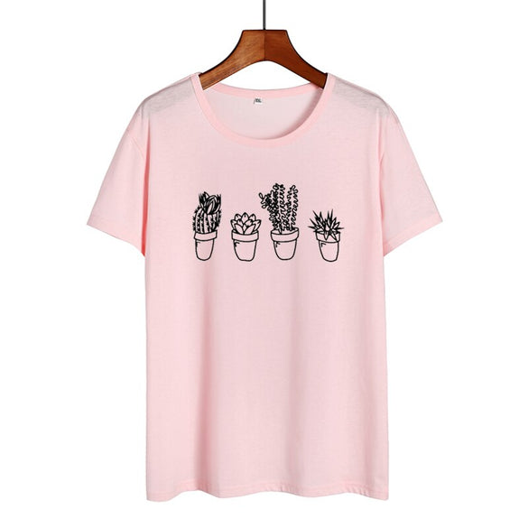 Succulent Cacti T Shirt Women Japanese Harajuku Style Black White Graphic Tee Shirt Women Cotton T-shirt Plant T-shirt