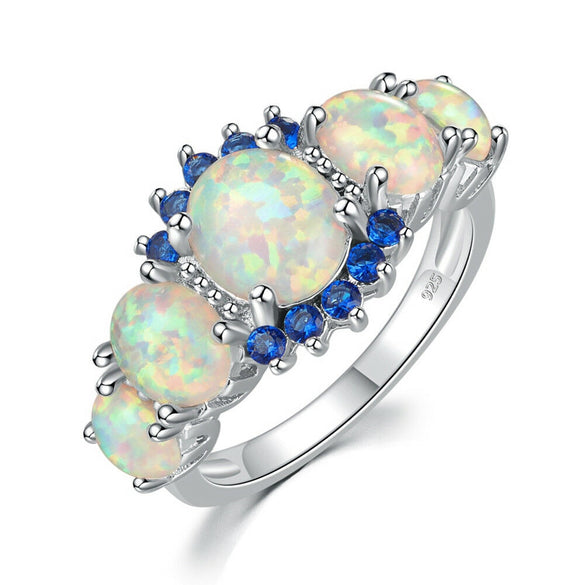 CiNily 5 Colors Luxe Fire Opal Ring Silver Plated Oval Round Stone Finger Ring Blue Full Crystal Vintage Jewelry Gift for Women