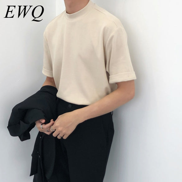 EWQ / men's wear 2020 summer fashion Solid Color Turtleneck Short Sleeve Tee for men and women korean style casual tops 9Y969