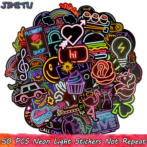 50 PCS Neon Light Sticker Anime Icon Animal Cute Decals Stickers Gifts for Children to Laptop Suitcase Guitar Fridge Bicycle Car (As the picture)