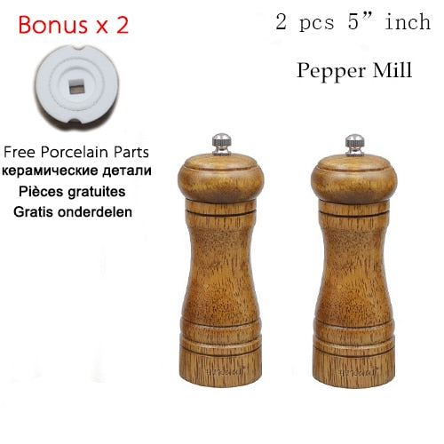 HIKUUI Classical Oak Wood Pepper Spice Mill Grinder Set Handheld Seasoning Mills Grinder Ceramic Grinding Core BBQ Tools Set