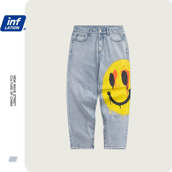 INFLATION Men's Stretch Loose Fit Jeans Men's Denim Pants Streetwear Blue Men's Jeans Pants With Smile Face 3091S20