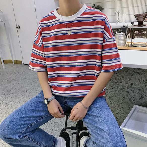 Striped short-sleeved t-shirt men's clothes half-sleeved men's Korean t-shirt men's summer Hong Kong style five-point sleeves