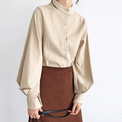 Women Lantern Sleeve Blouse Ladies Long Cotton Tops Female Vintage Oversize Loose Stand Collar Puff White Shirt Hot T81517A