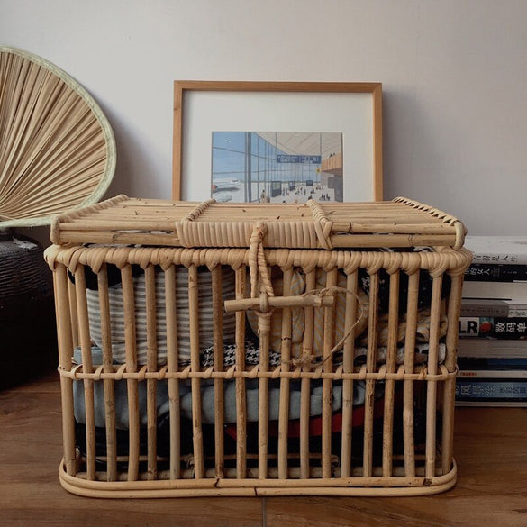 Shelf baskets Hand-woven rectangular rattan storage basket with lid, debris storage box