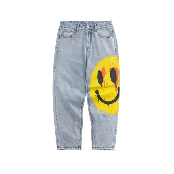 INFLATION Men's Stretch Loose Fit Jeans Men's Denim Pants Streetwear Blue Men's Jeans Pants With Smile Face 3091S20