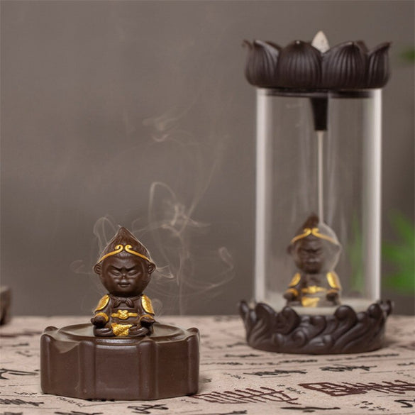 Home Decor Monkey King Windproof Backflow Incense Burner Feng Shui Mascot Waterfall Censer with Acrylic Cover + 20pcs Cones