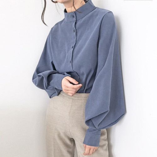 Women Lantern Sleeve Blouse Ladies Long Cotton Tops Female Vintage Oversize Loose Stand Collar Puff White Shirt Hot T81517A