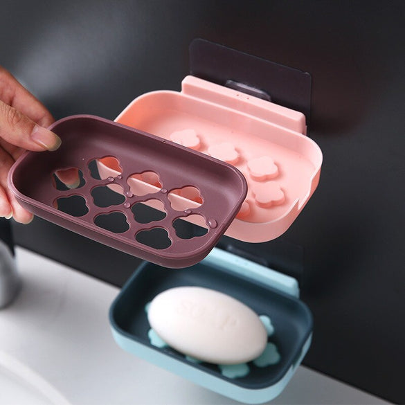Hot Sale Color Matching Dual-Layer Soap Dish Holder No Drilling Wall Mounted Bathroom Soap Rack Seamless Paste Drain Soap Box