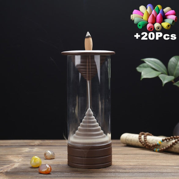 20Cones Chinese Dragon Incense Burner Ceramic Waterfall LED Light Incense Cones Holder Aroma Censer With Acrylic Windproof Cover