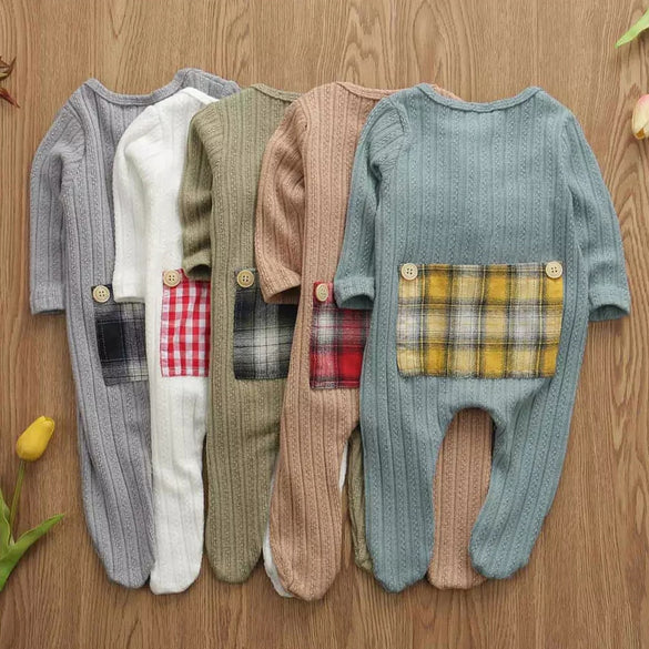Winter infant baby clothing New born Baby Boys Girls clothes Jumpsuit Solid Sweater Splice Plaid Warm Bind Feet Romper Clothes