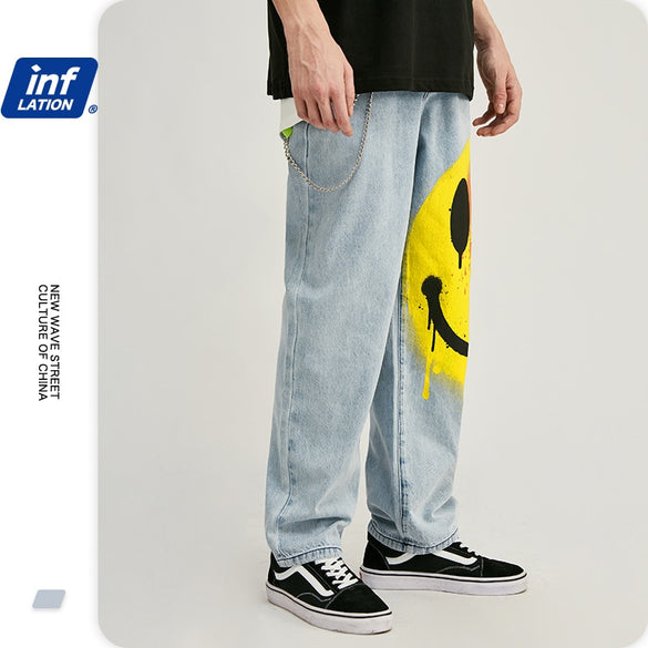 INFLATION Men's Stretch Loose Fit Jeans Men's Denim Pants Streetwear Blue Men's Jeans Pants With Smile Face 3091S20