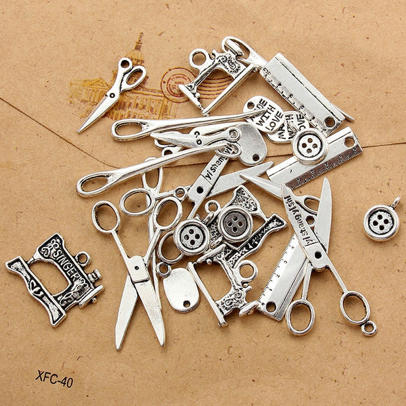 24pcs/lot Antique Silver Color Alloy Button Needle Scissors Sewing Machine Charms Pendant Bracelet Necklace Jewelry Accessories
