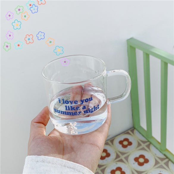 Brief Coffee Glass Transparent Mug Drinking Glasses with Handgrip Blue Letter 330ml Borosilicate Cup In Tumblers Juice Drinkware