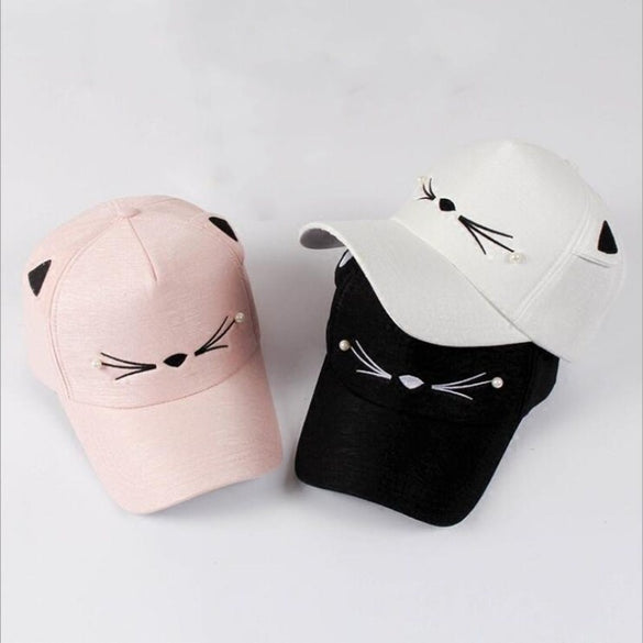 Seioum Spring Fashion Brand Street Adjustable Lovely Embroidery Hat Cat Ears Snapback Cap Boy Girl Pearl Baseball Cap