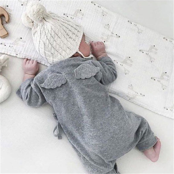 Cute Baby Girl Boy Belt Romper with Little Angel Wings Solid Grey White Babies Clothes 2017 Hot Spring Autumn Baby Cotton Romper
